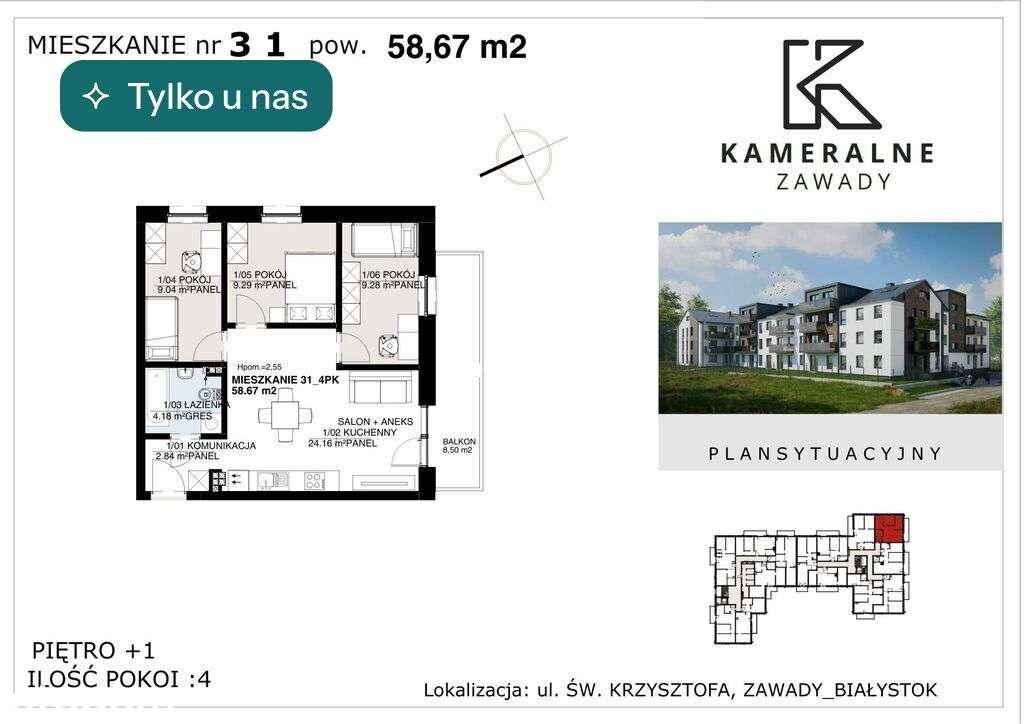 Kameralne Zawady - 58,67m2 na I Piętrze