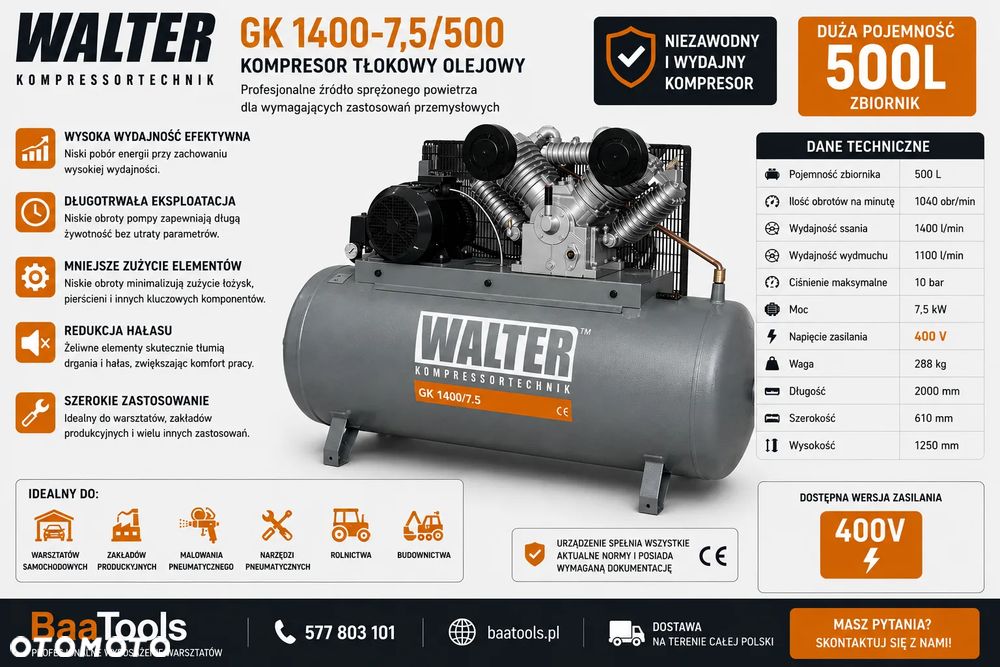Kompresor tłokowy sprężarka WALTER GK 1400-7,5/500 - 1