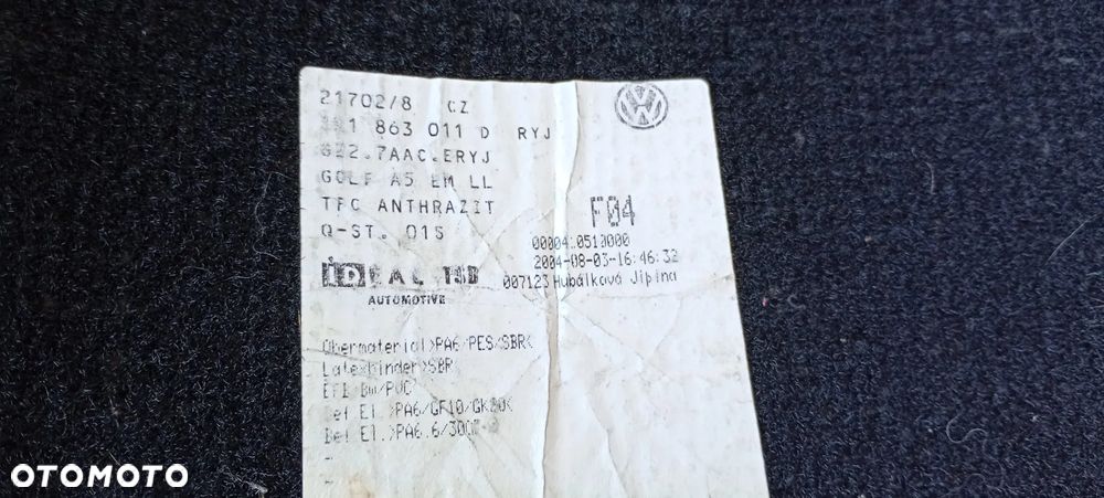 Dywaniki wycieraczki wykładziny oryginał komplet VW 1K1863011D Golf V 3D - 7