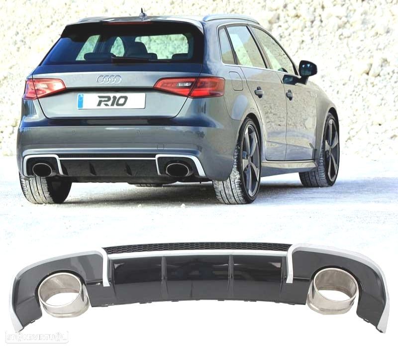 DIFUSOR PARACHOQUES TRASEIRO AUDI A3 8V 12-16 LOOK RS3 + PONTEIRAS - 1