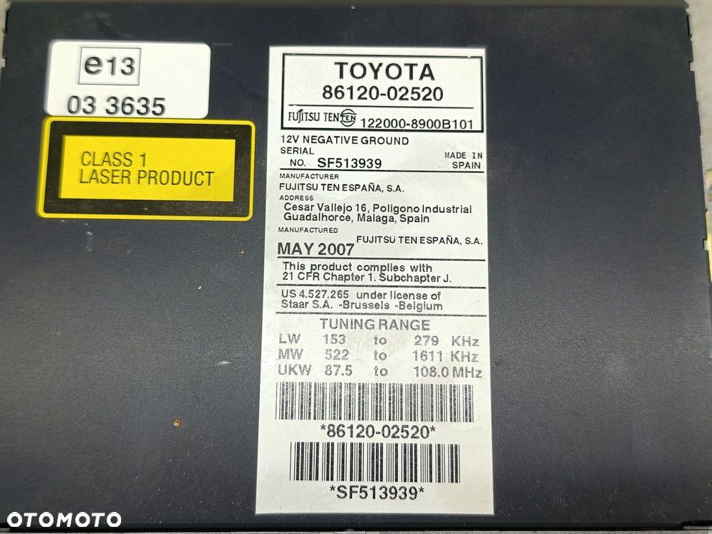 RADIO FABRYCZNE TOYOTA AURIS I 86120-02520 - 2