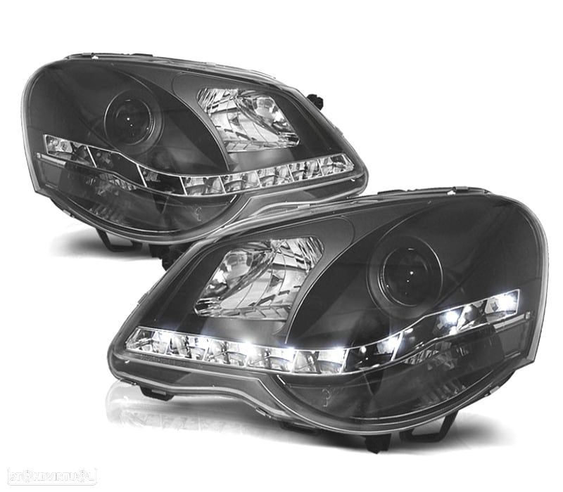 FARÓIS FRONTAIS COM LUZ DIURNA LED PARA VOLKSWAGEN VW POLO 9N3,05-09 FUNDO PRETO - 1