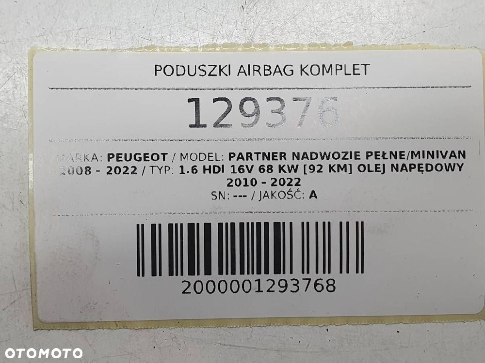 PODUSZKI PASY SENSOR AIRBAG KOMPLET PEUGEOT PARTNER II EUROPA - 12