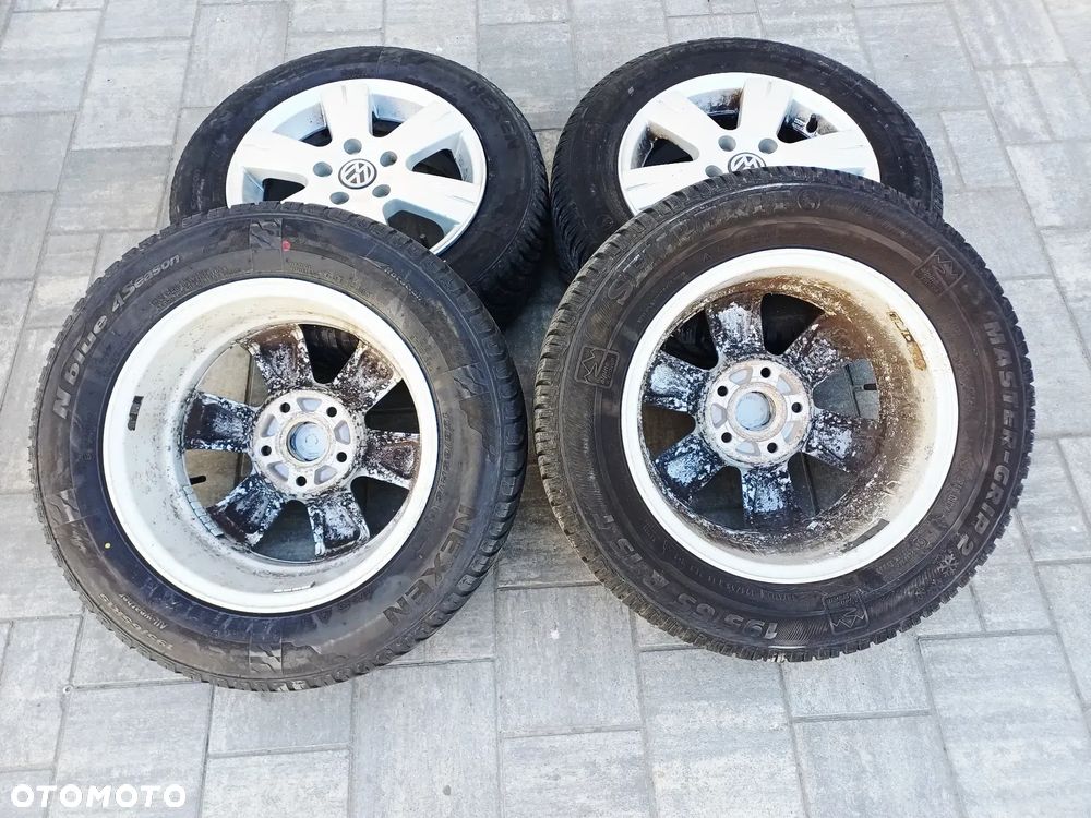 FELGI Z OPONAMI KOŁA ALUMINIOWE VW GOLF V R15 5X112 ET48 57,1 mm OPONY NEXEN R15 195/65 WIELOSEZON NR11 - 15