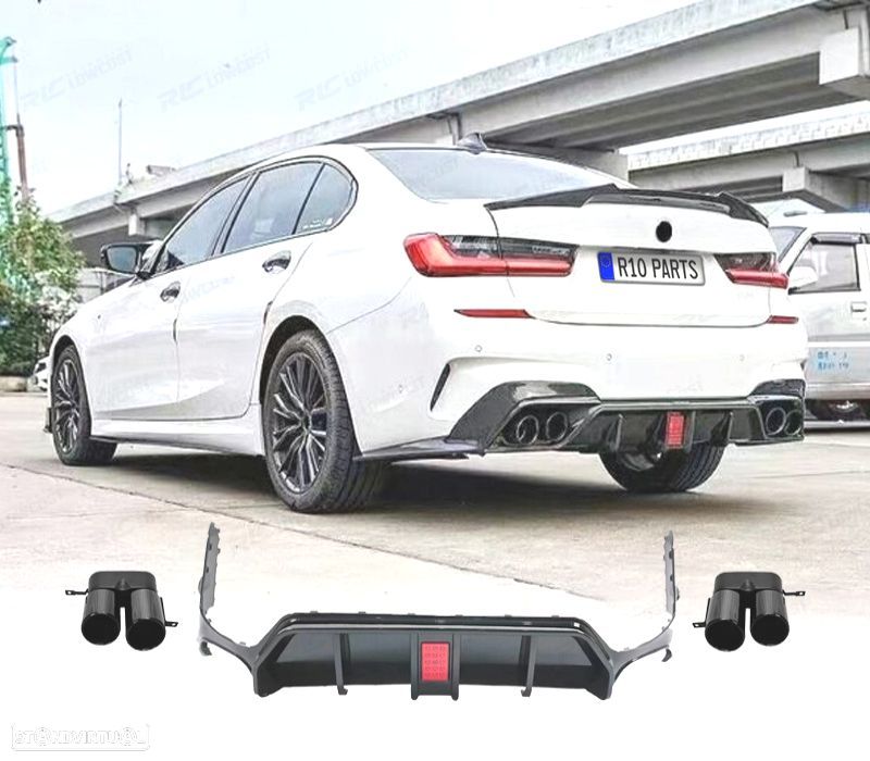 DIFUSOR BMW G20 LCI 23-25 LOOK M TECH PRETO BRILHANTE COM LUZ DE TRAVAGEM + PONTEIRAS DE ESCAPE - 1
