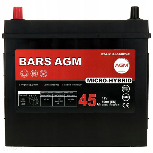 Akumulator Bars HYBRID AGM 45AhL 500A B24JX HJ-S46B24R Start-Stop - 13,6kg - 3
