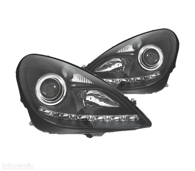 FARÓIS XENON MERCEDES CLASSE SLK R171 04-11 LUZ DIURNA LED FUNDO PRETO - 1