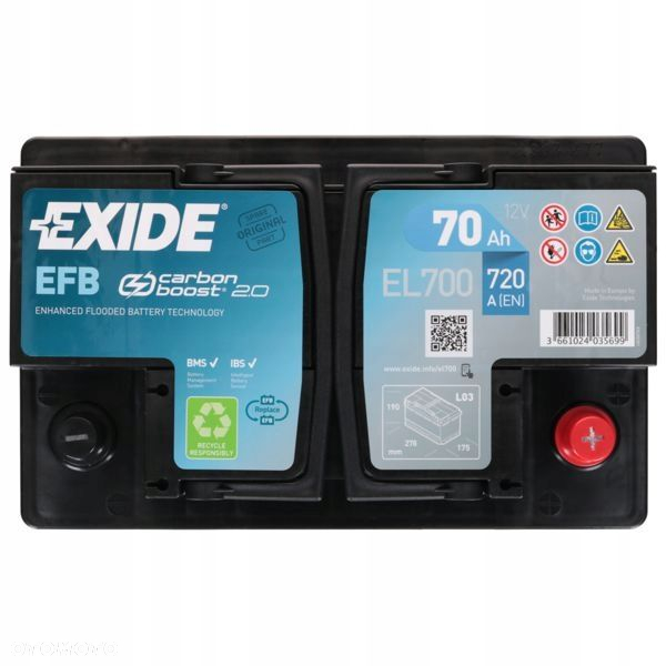 Akumulator Exide EL700 70Ah 720A L3 P EFB StartStop - 19,3 kg - 3
