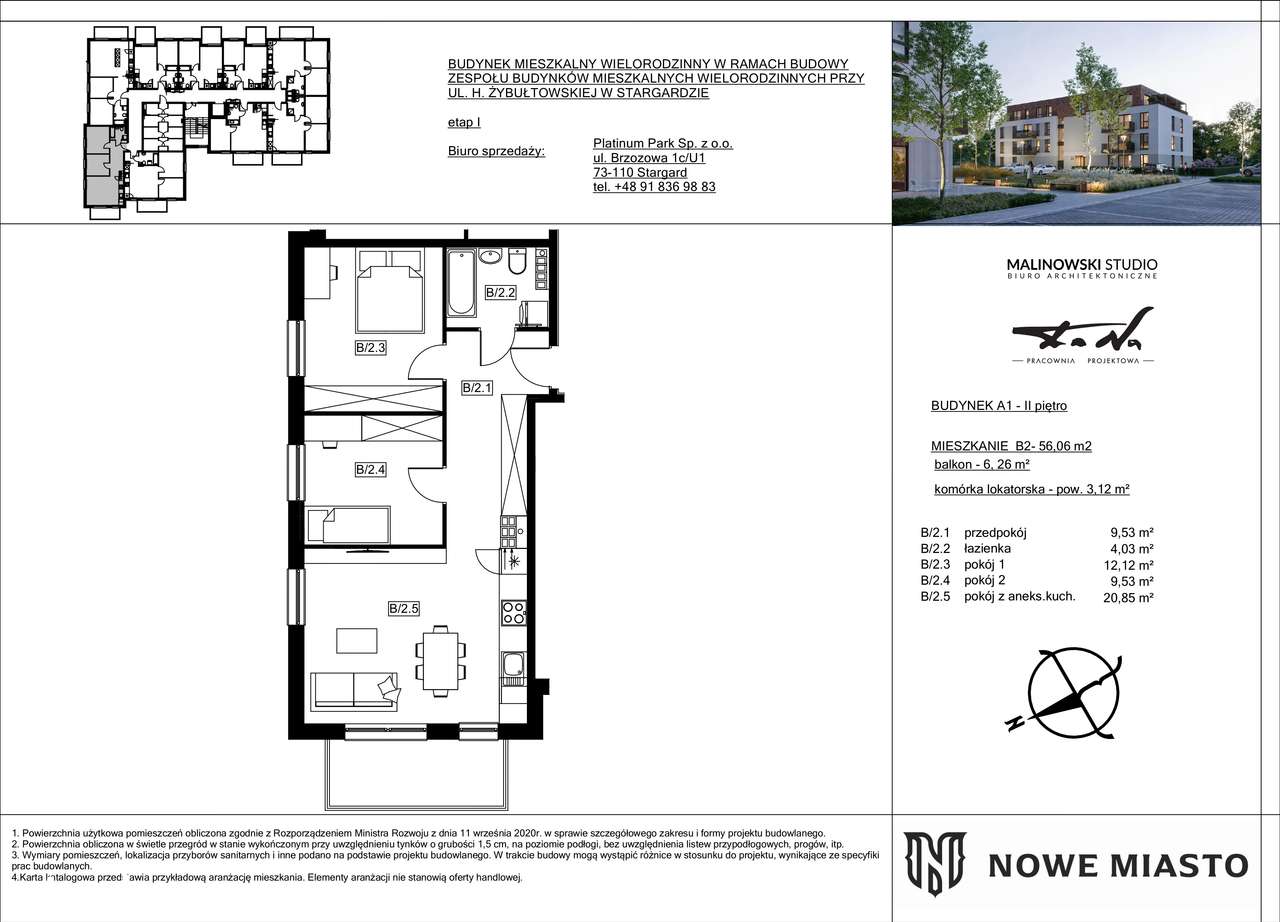 Mieszkanie B.2 w budynku A1 - 56,06 m² z balkonem 6 m²