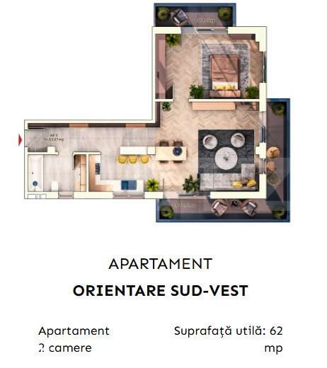 Apartament 2 camere semidecomandate, 52 mp, 9.30mp balcon, parcare sub — fotografia 3