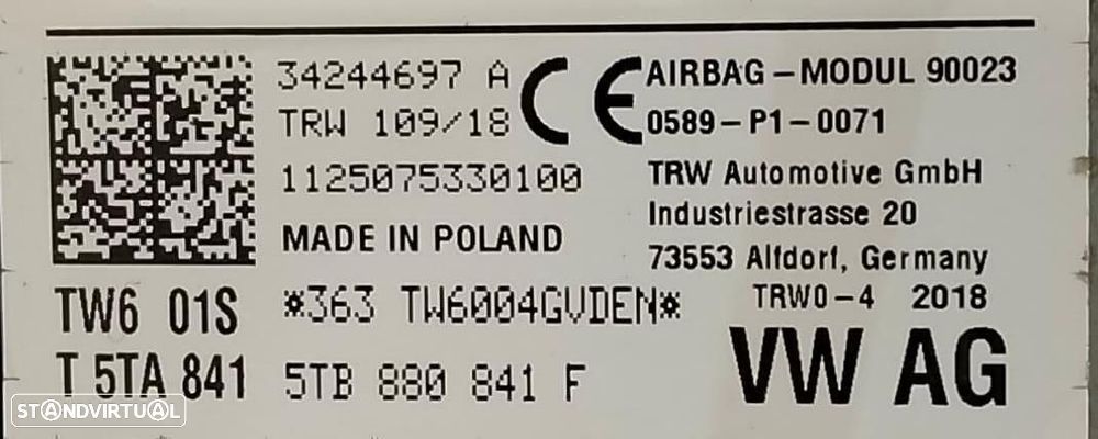 AIRBAG DE JOELHOS VOLKSWAGEN TOURAN 5T1 - 3