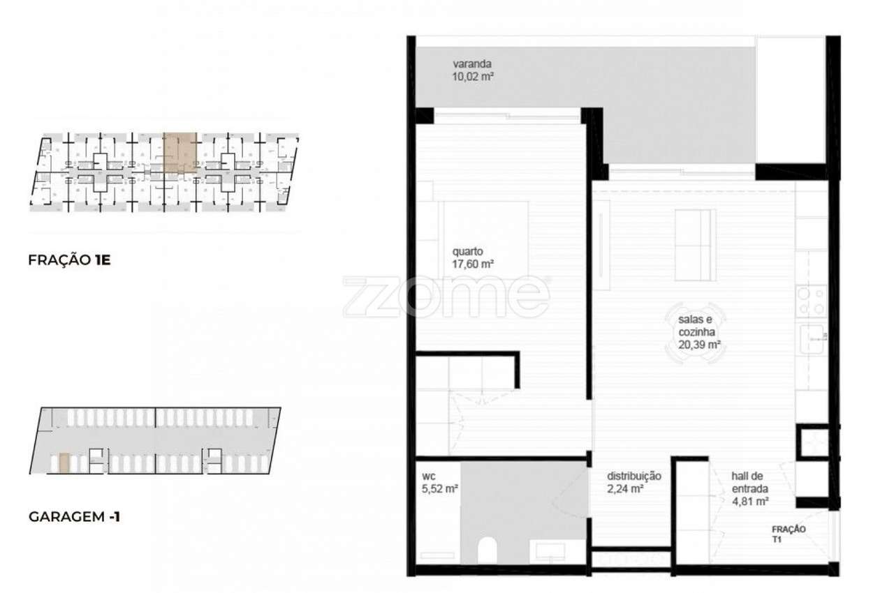 Apartamento T1 (1E) localizado no piso 1, com área total de 84.4 m2. - Grande imagem: 2/23