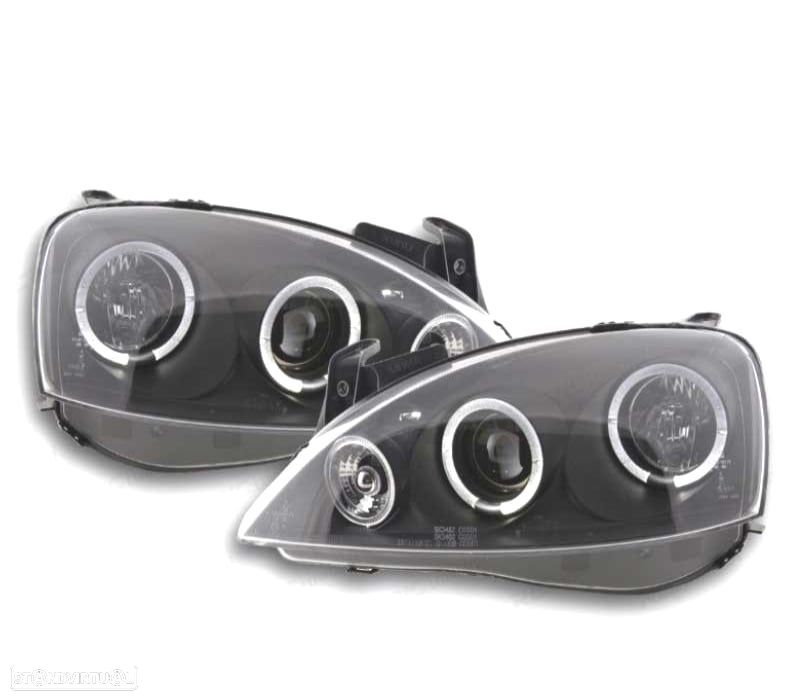 FARÓIS ANGEL EYES + LED OPEL CORSA C 00-06 FUNDO PRETO - 1
