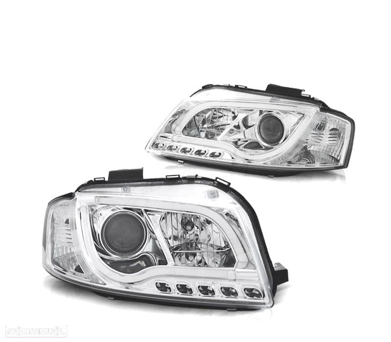 FARÓIS AUDI A3 8P 03-08 LUZ DIURNA TUBE LIGHT FUNDO CROMADO - 1