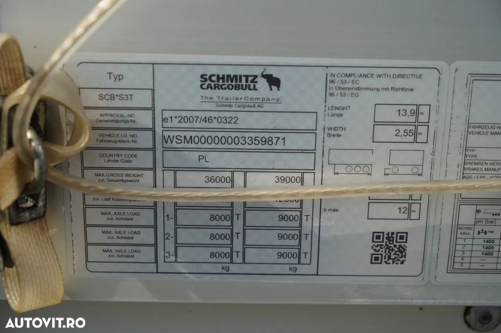 Schmitz Cargobull CORTINĂ / VARIOS / 385/55 R22.5 / PUNȚĂ CULISANTĂ / ACOPERIȘ CULISANT / SAF - 29