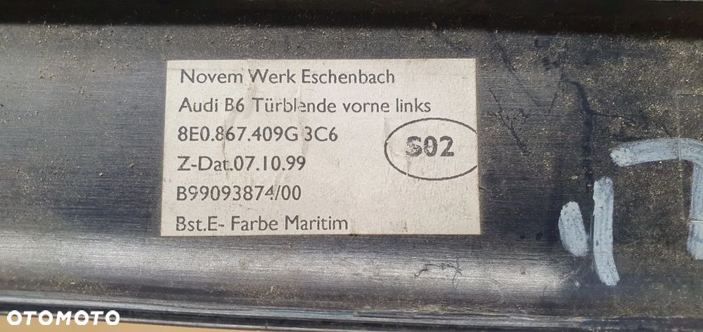 Listwa ozdobna dekor drzwi lewy przód Audi A4 B6 8E0867409G - 6