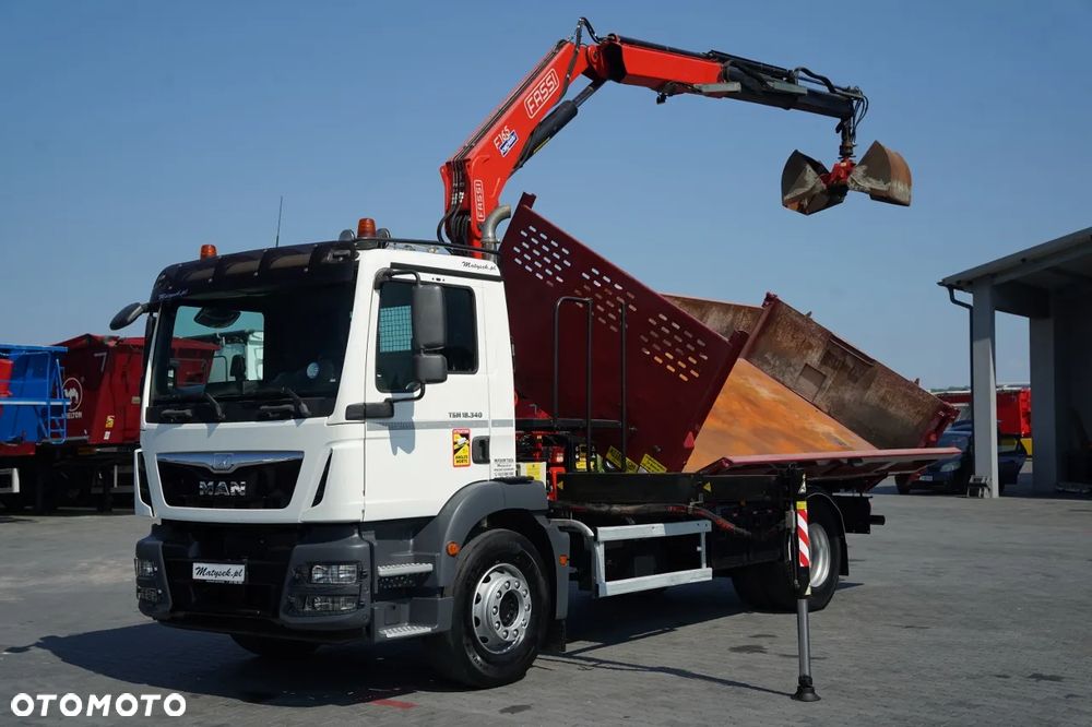 MAN TGM 18.340 / 4X2 / WYWROTKA 3 STRONNA / HYDROBURTA / BORDMATIC + HDS FASSI F165.0.22 / ROTATOR / CHWYTAK / PILOT / EURO 6 - 6