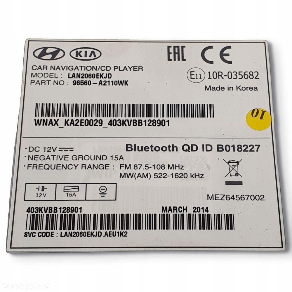 RADIO CD RADIOODTWARZACZ NAWIGACJA NAVI Kia Ceed II 96560-A2110WK - 2