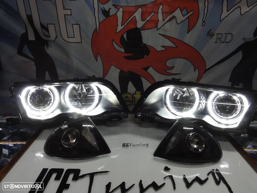 Faróis angel eyes com luz branca 5000k para BMW E46 4 portas / limosine 98-01 fundo preto com angel eyes em branco - 14