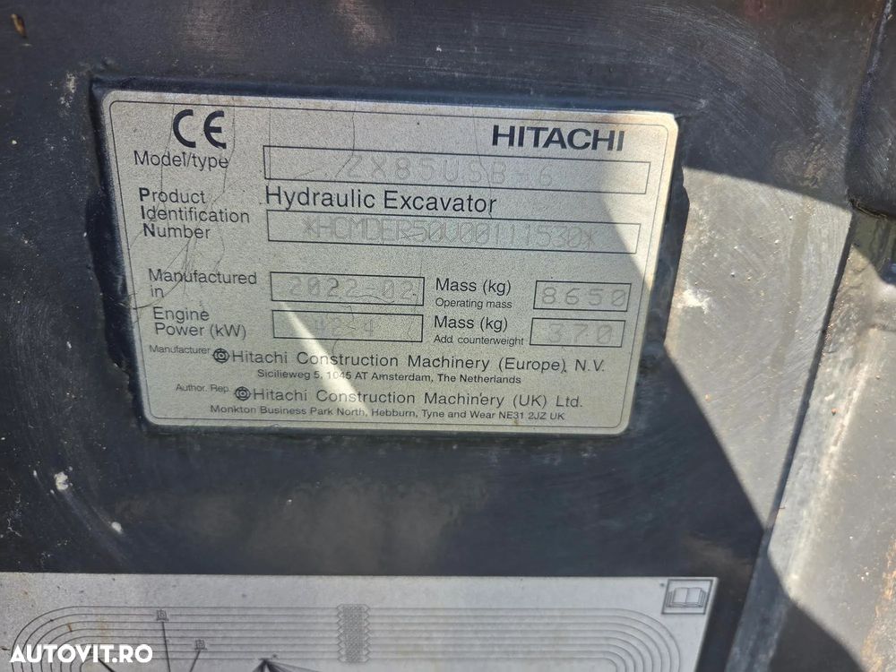 Hitachi ZX85-6, 2022, 2.787h, CUPLA RAPIDA HIDRAULICA+3 cupe NOI, adanc sapare 5m, latime 2,3m, senile cauciuc 80% ok doar 444h deplasare, inst picon pe brate, aer cond, camera spate, scaun incalzit, LAMA NIVELARE, Masa 8,5t, leasing, PROMOTIE 62.900Eur+Tva - 18