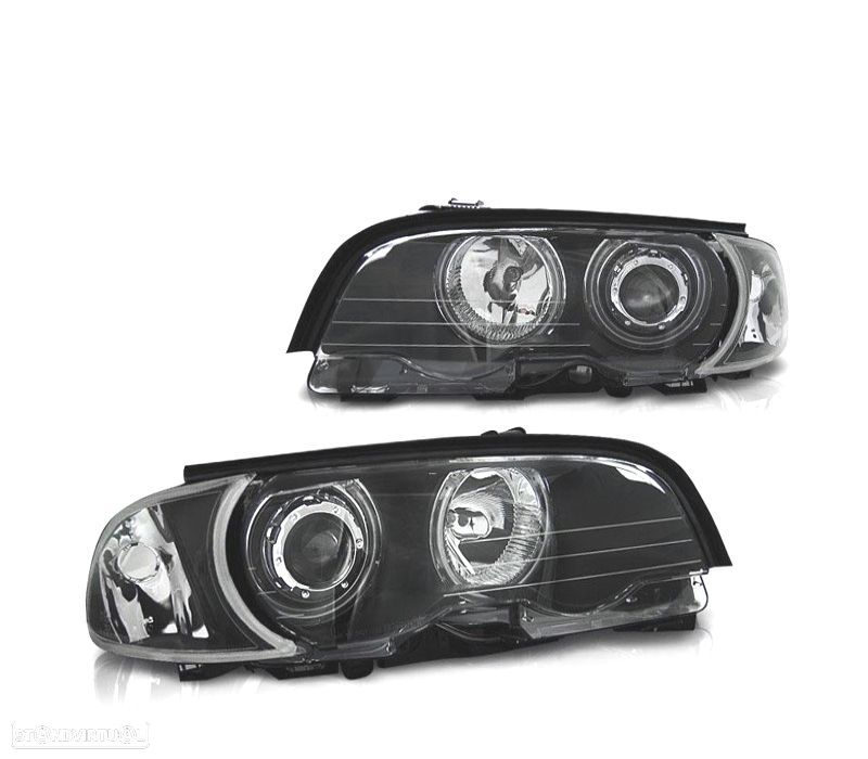 FARÓIS OPTICAS ANGEL EYES CCFL LED + PISCAS BMW E46 COUPE 99-03 FUNDO PRETO - 1