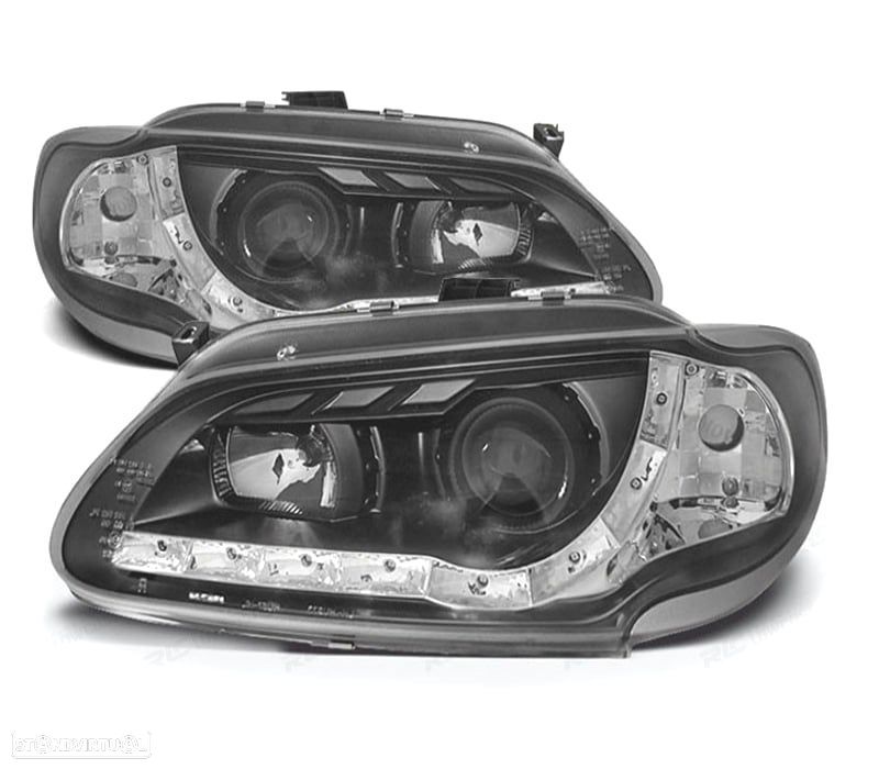 FARÓIS COM LUZ DIURNA LED RENAULT MEGANE 96-99 FUNDO PRETO - 1