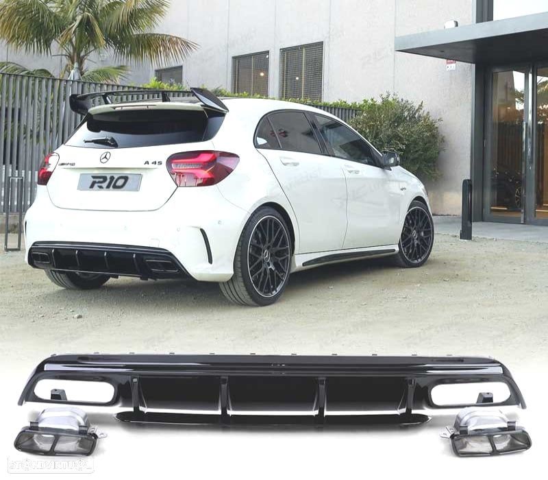 DIFUSOR TRASEIRO MERCEDES CLASE A W176 15-18 LOOK A45 AMG PRETO BRILHANTE + PONTEIRAS - 1
