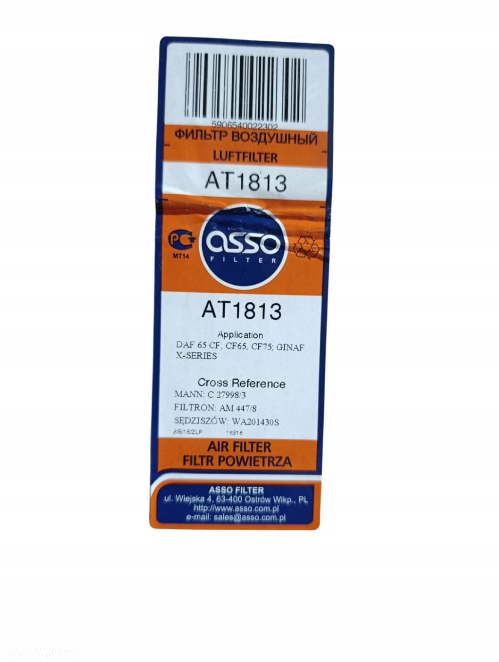 ASSO AT1813 FILTR POWIETRZA DAF CF65 CF75 GINAF X-SERIES C27998/3 AM447/8 - 5