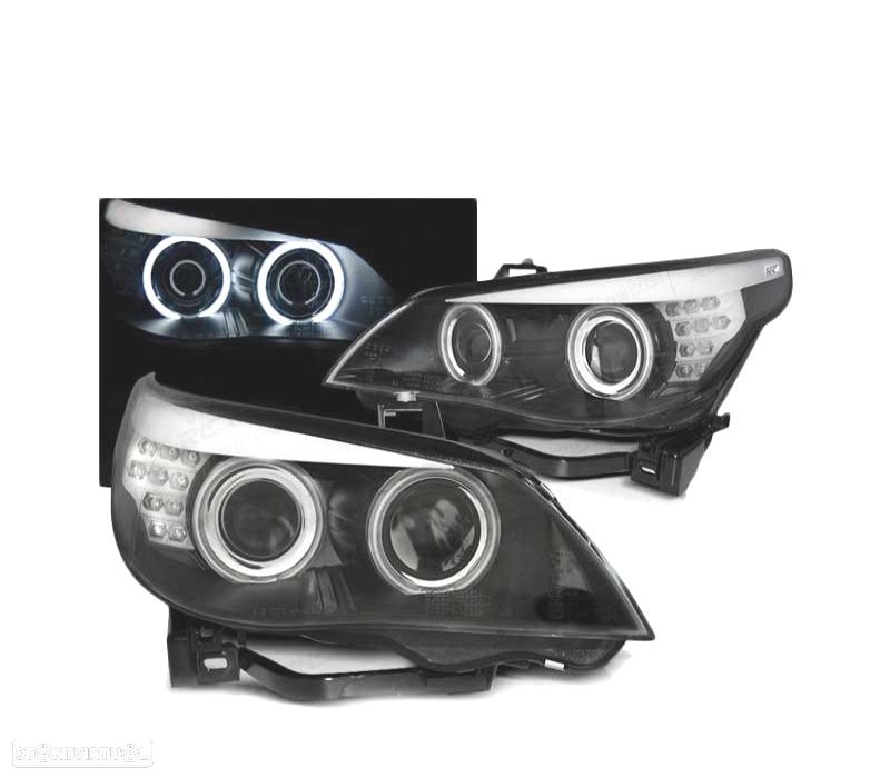 FARÓIS BMW E60 E61 03-07 ANGEL EYES LED CCFL PRETO - 1