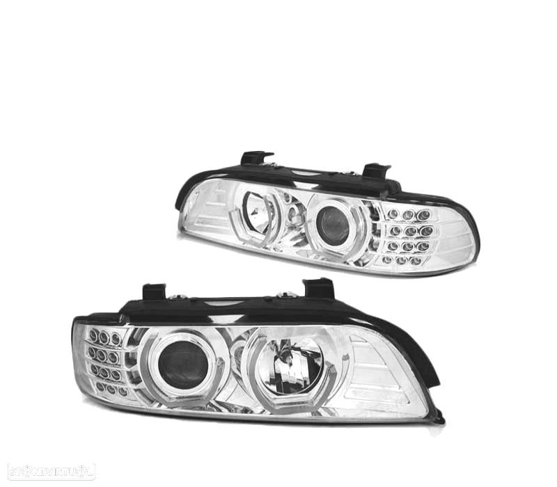 FARÓIS BMW E39 95-03 ANGEL EYES 3D CROMADOS INTERMITENTES LED - 1