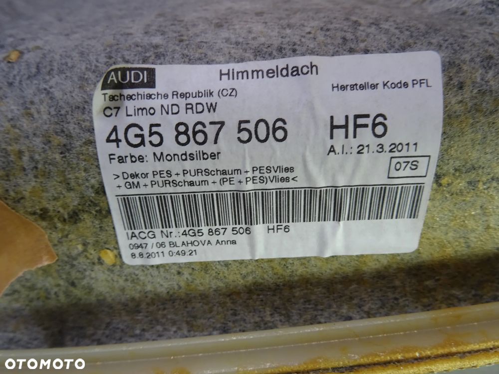 4G5867506 HF6 podsufitka Sedan Audi A6 C7 czesci - 2
