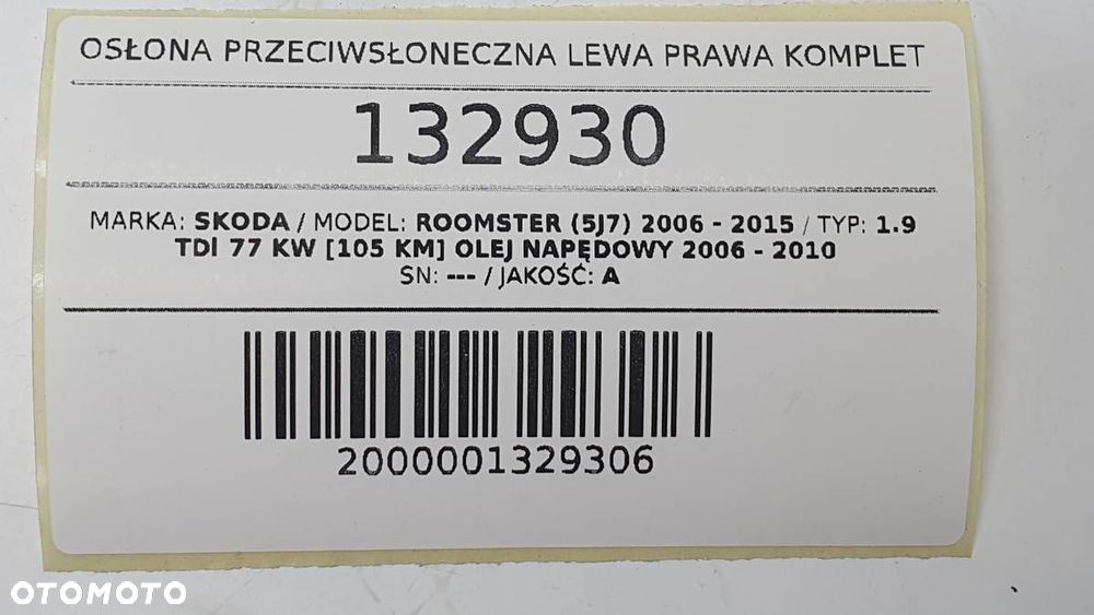 OSŁONA PRZECIWSŁONECZNA LEWA PRAWA KPL DASZEK SKODA ROOMSTER FABIA II - 7