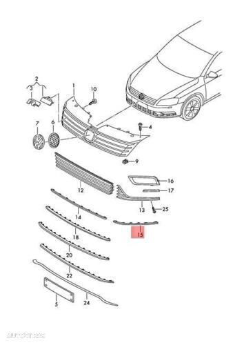 Ornament grila bara protectie Volkswagen Passat (B7), 11.2010-02,2015, fata, partea dreapta, cromat - 2