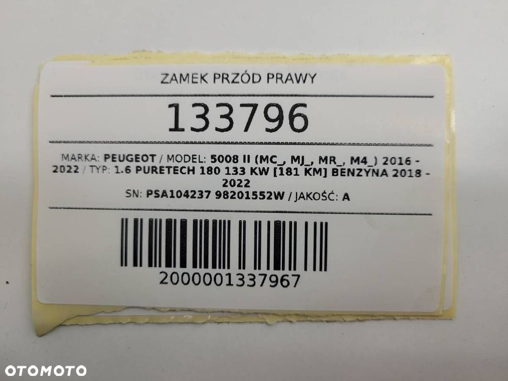 ZAMEK PRZÓD PRAWY PSA 104237 PEUGEOT 5008 II 2019 KLAMKA 98201552W - 14