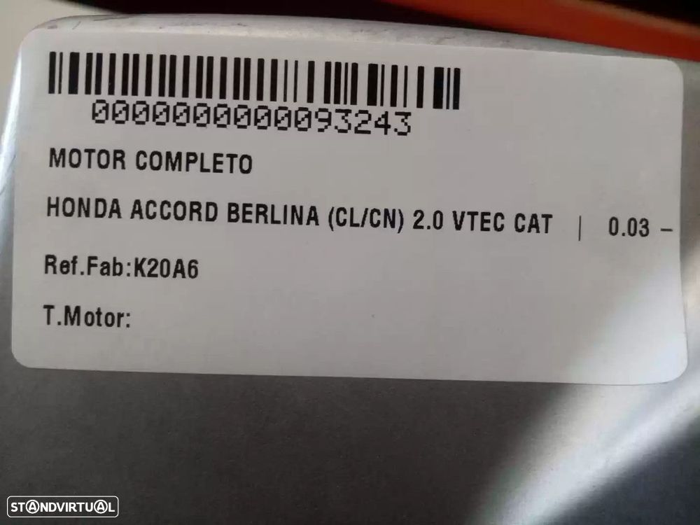 MOTOR COMPLETO HONDA ACCORD VII 2003 -K20A6 - 1