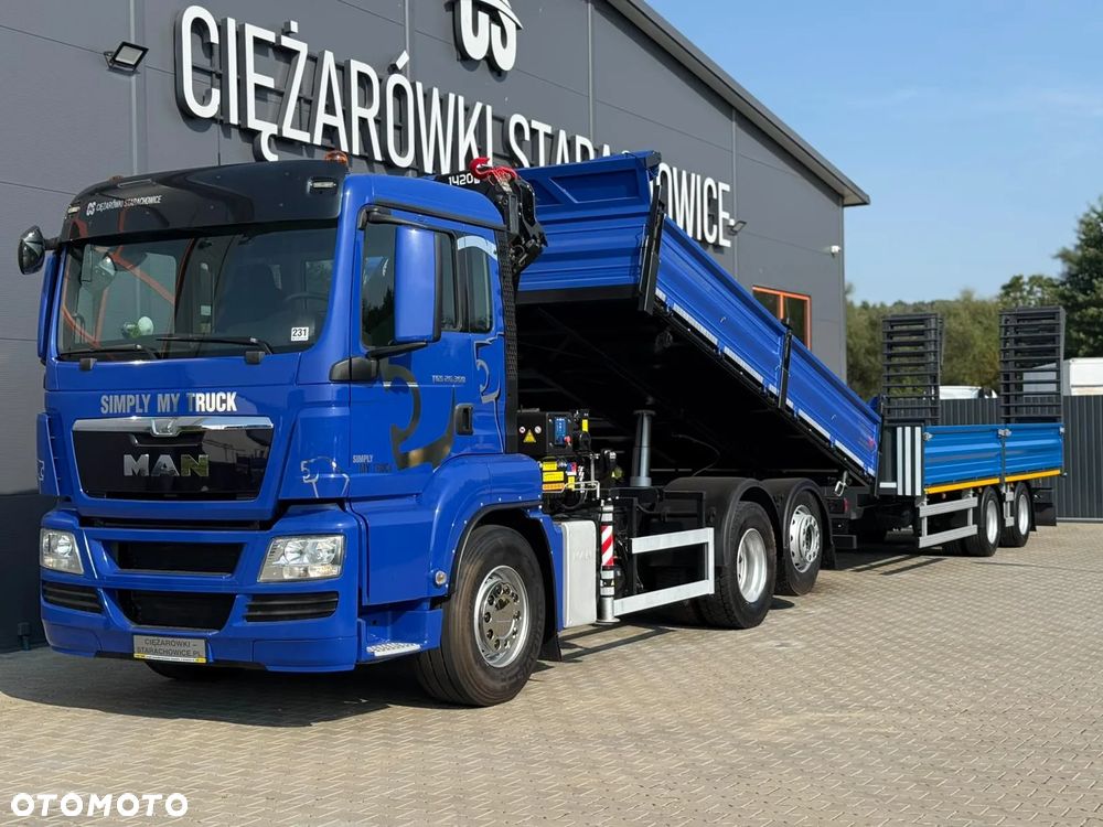 MAN TGS 26.360 wywrotka 3-stronna hds  HMF 1420 K2+ Samro CD19TJ przyczepa ciężarowa niskopodwoziowa uniwersalna do przewozu sprzętów, maszyn, koparek oraz materiałów budowlanych