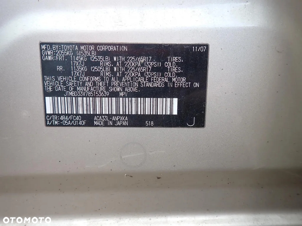 CZĘŚCI - Toyota Rav 4 III XA30 USA LONG 2,0 16V VVT-i 152KM 1AZ-FE AT 4WD 4X4 LAKIER 4R4 2008r. INDEX - 9452 - 17