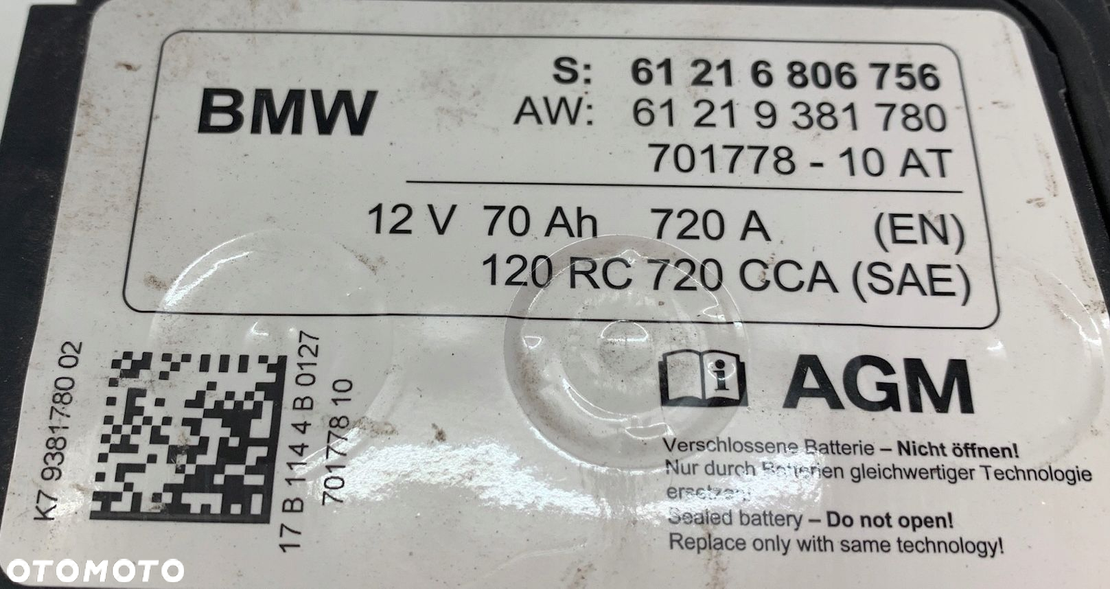 39 AKUMULATOR AGM BMW 70 Ah 720A 12V 2017 ROK 6806756 9381780 - 3