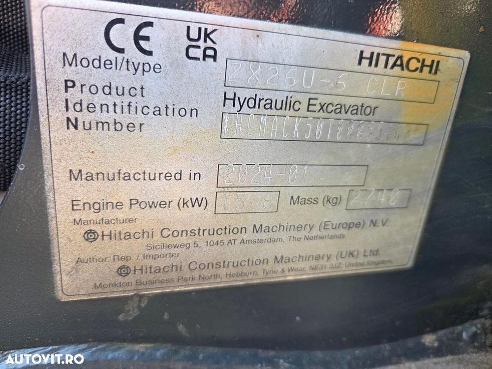 Hitachi ZX26U-6, 2024, 939 ore, Masa operationala 2,74tone, CUPLA RAPIDA mecanica+cupa ingusta+cupa lata+cupa taluz neinclinabila, LAMA NIVELARE, inst picon pe brate, fara aer conditionat, latime 1,2m, ridica 1,6 tone, JAPONIA, leasing-PROMOTIE 31.900Eur+Tva - 37