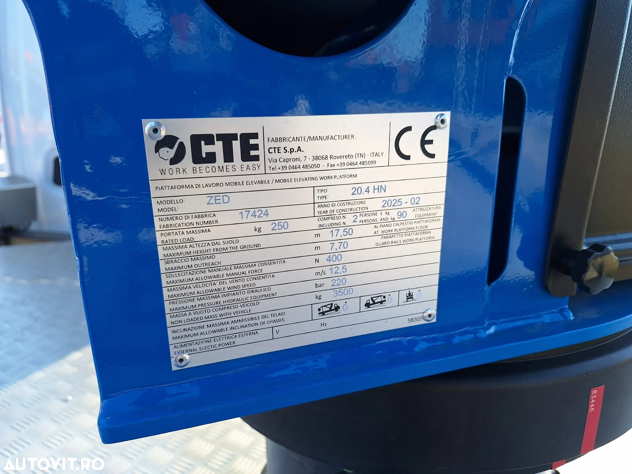 Iveco NACELA la 20m, marca CTE din Italia pe sasiu 3.490kg IVECO DAILY 140CP, ridica 250kg la 20m, garantie, posibilitate leasing-PROMOTIE 81900 EUR+Tva - 12