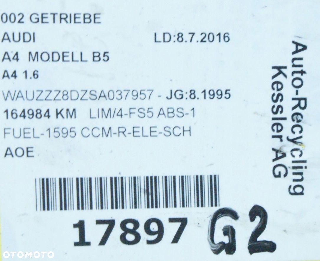 SKRZYNIA BIEGÓW MANUALNA AUDI A4 B5 1.6 8V AOE - 8