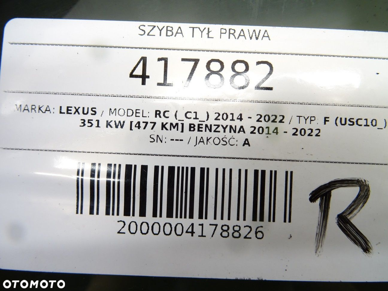 SZYBA TYŁ PRAWA KAROSERYJNA - 695.00 PLN - LEXUS RC (_C1_) 2014 - 2022 F (USC10_) 351 kW [477 KM] - 4