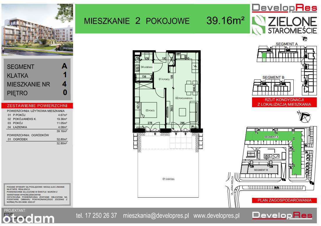 2 pokoje 39,16 m² z ogrodem , parter , A-4