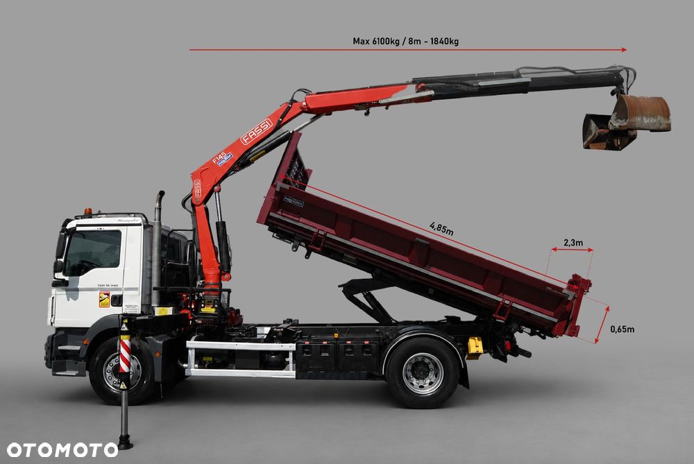 MAN TGM 18.340 / 4X2 / WYWROTKA 3 STRONNA / HYDROBURTA / BORDMATIC + HDS FASSI F165.0.22 / ROTATOR / CHWYTAK / PILOT / EURO 6 - 3