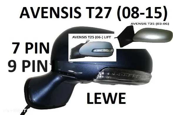 TOYOTA AVENSIS T25, T27, T29 LUSTERKO ELEKTRYCZNE DOWOLNY KOLOR PRAWE, LEWE