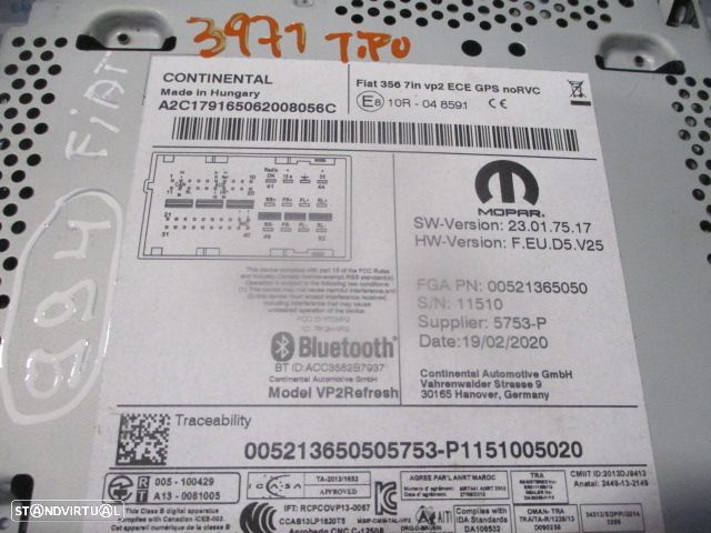 Radios 00521365050  A2C179165062008056C FIAT TIPO 2020 1.3D 95CV 5P CINZA  CONTNENTAL  VP2REFRESH BLUETOOTH - 4