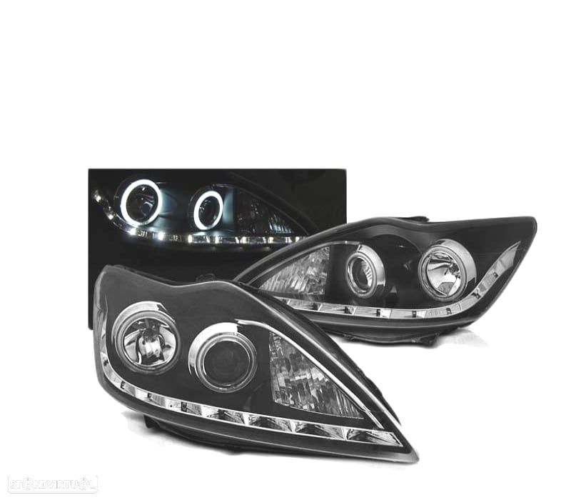 FARÓIS LED DAYLIGHT LED PARA FORD FOCUS II ANGEL EYES CCFL 02.2008 2010 BLACK PRETO - 1
