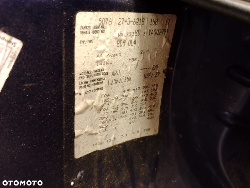 Audi A4 B5 FL (97-01r.) 2.4 B 164KM. Silnik ARJ Skrzynia EAE lakier LZ5K / 5J Nagłośnienie BOSE. Cały na części. GWARANCJA !!!  Przód Tył Zestaw Komplet Drzwi Klapa Zderzak Błotnik Maska Grill Atrapa Szyba Pas Lampa Lusterko Boczki Fotel Kanapa Kokpit Deska Rozdzielcza Przełącznik Włącznik Sterownik Przewody Wiązka Instalacja Moduł Komputer Czujnik Listwa Pompa Alternator Wtryski Głowica Rozrusznik Kompresor Sprzęgło Dwumas Silnik Skrzynia ABS Klimatyzacji Paliwa Wspomagania Kolektor Turbina Przepustnica Zawór Chłodnica Koło Hak Belka Sanki Zawieszenie Mcpherson Półoś Amortyzator Wydech Tłumik Zacisk Most - 11