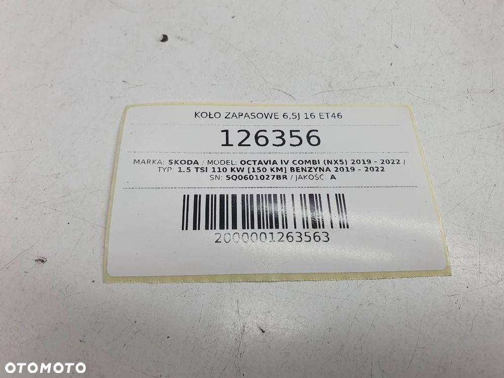 KOŁO ZAPASOWE DOJAZDOWE 6,5J 16 ET46 SKODA OCTAVIA IV 5Q0601027BR - 6