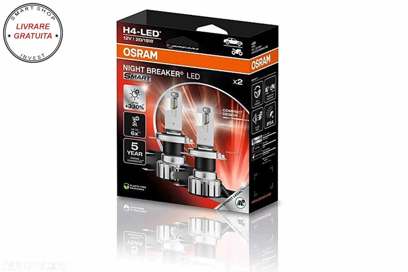 OSRAM NIGHT BREAKER LED SMART H4 64193DWNBSM-2HB20 Set 2 Becuri Auto Moto Omologar- livrare gratuita - 5